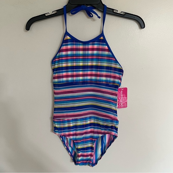 NWT Girls Gossip Girl 1 Piece Swimsuit Striped With Sheer Belly Area Size 8 - Picture 1 of 14
